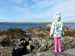 L, surveying the scene at a Connemara beach.